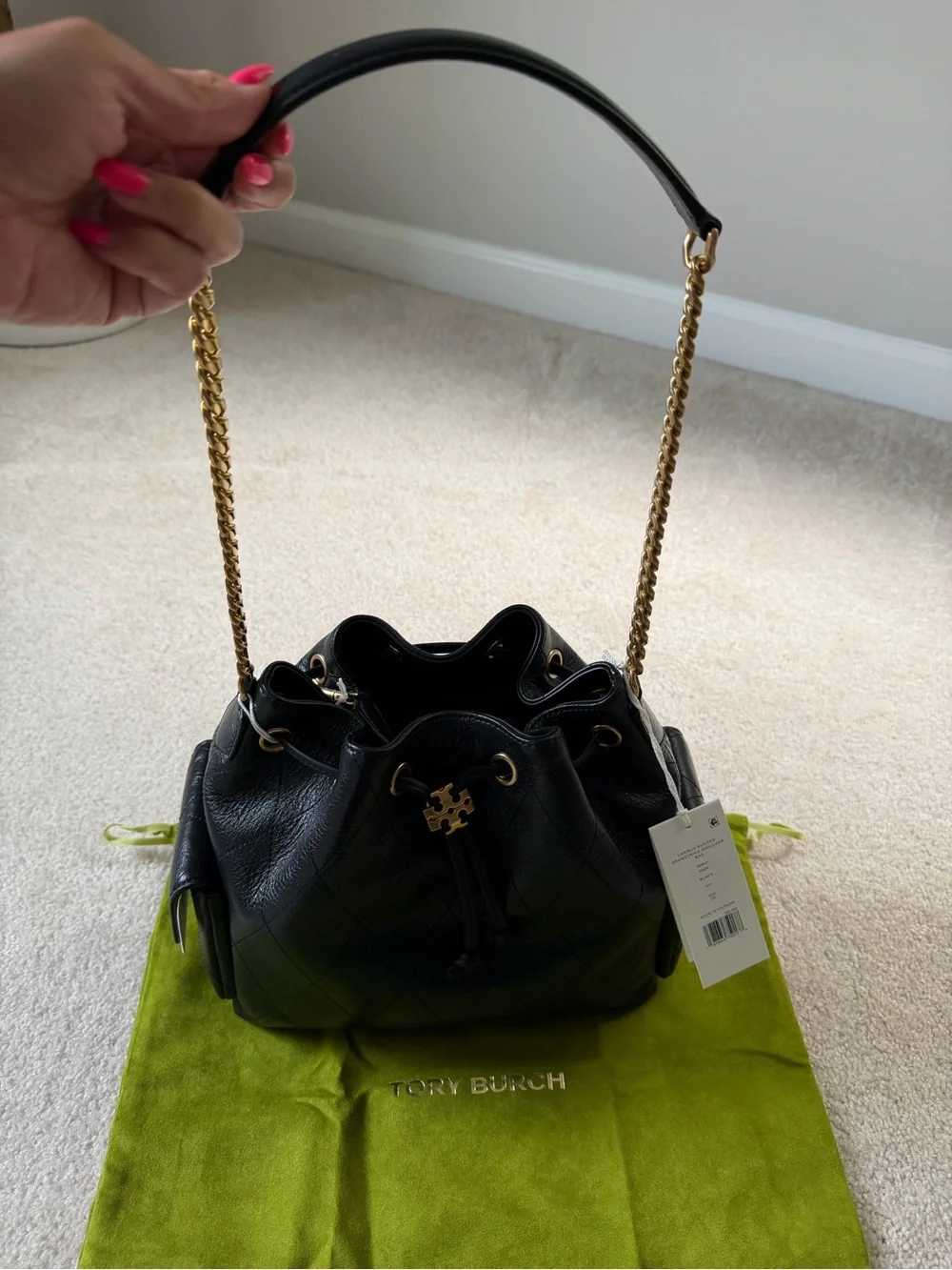 NWT Tory Burch Black Charlie Drawstring Bag
